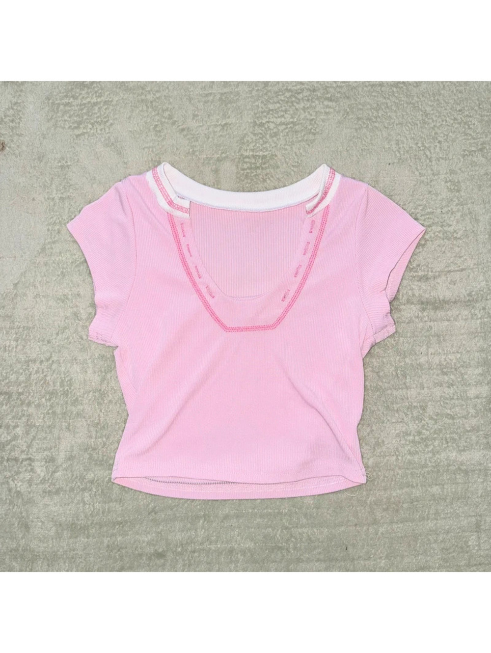 Baby Pink with hot pink stitching cropped v neck y2k babytee
